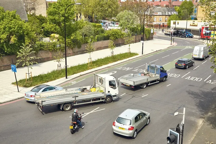 Motorcycle approaches complicated junction